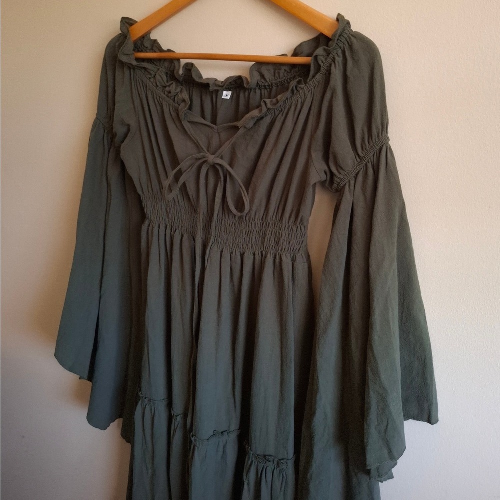 Witchy Ren Faire Tiered Dress Forest Fairy Cottagecore Flare Smocked Green Sz S